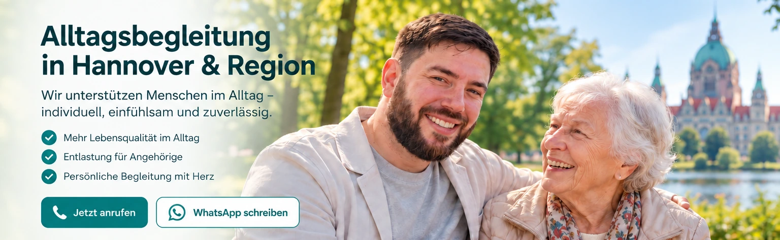 Freundliche Begegnung einer Begleitperson mit einer älteren Dame vor Hannover – gestaltetes Beispielbild